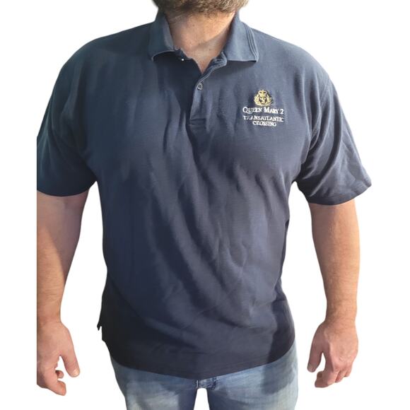 Vintage Y2K Queen Mary 2 Transatlantic Polo Men's XL Navy Blue Cotton Travel - Picture 1 of 11